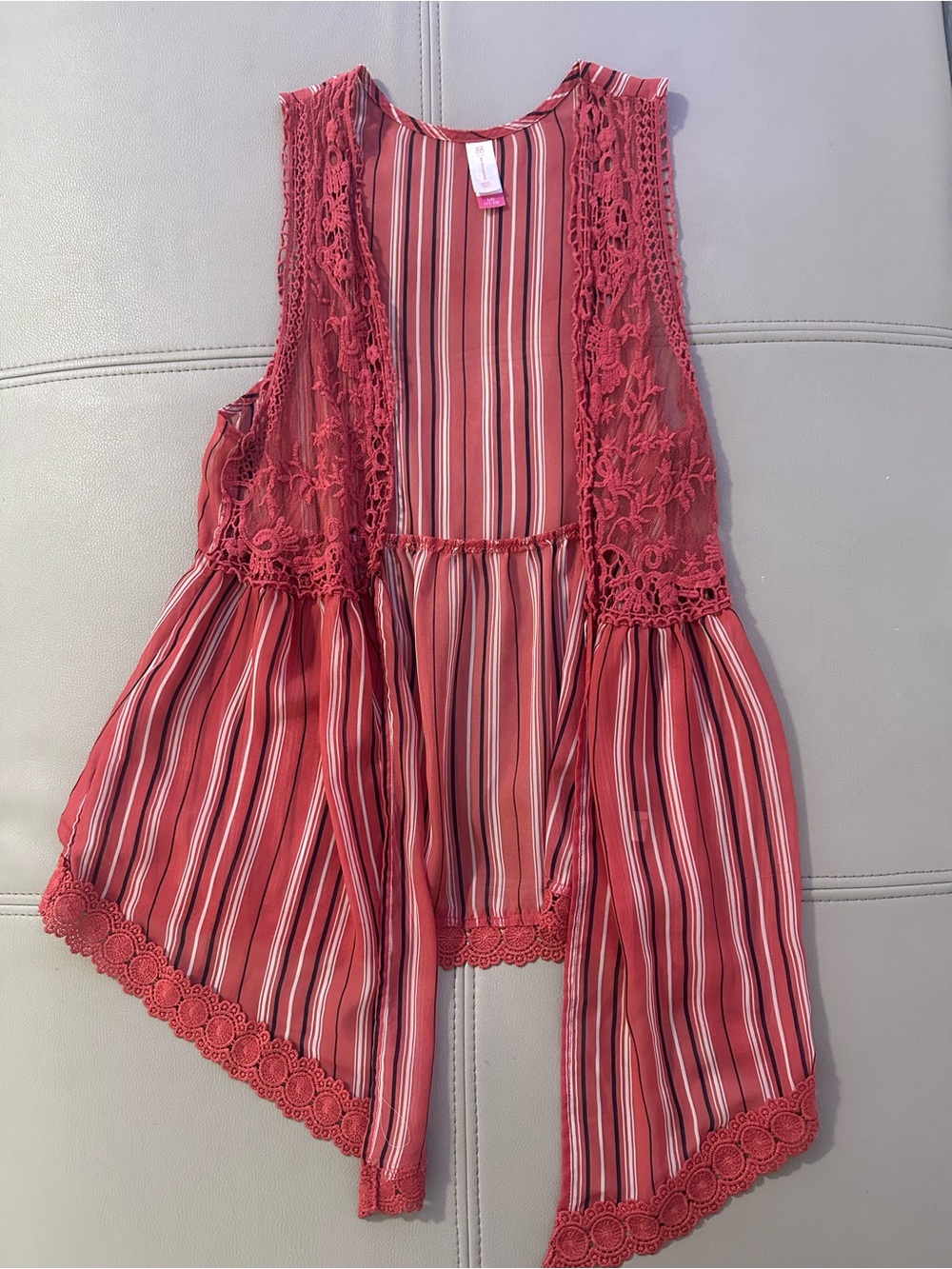 No Boundaries Red Striped Crochet Open Vest